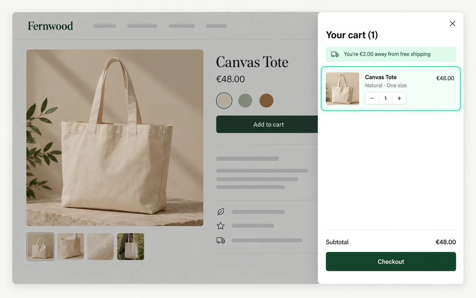 Store product page with the cart drawer open and the Canvas Tote line item highlighted.