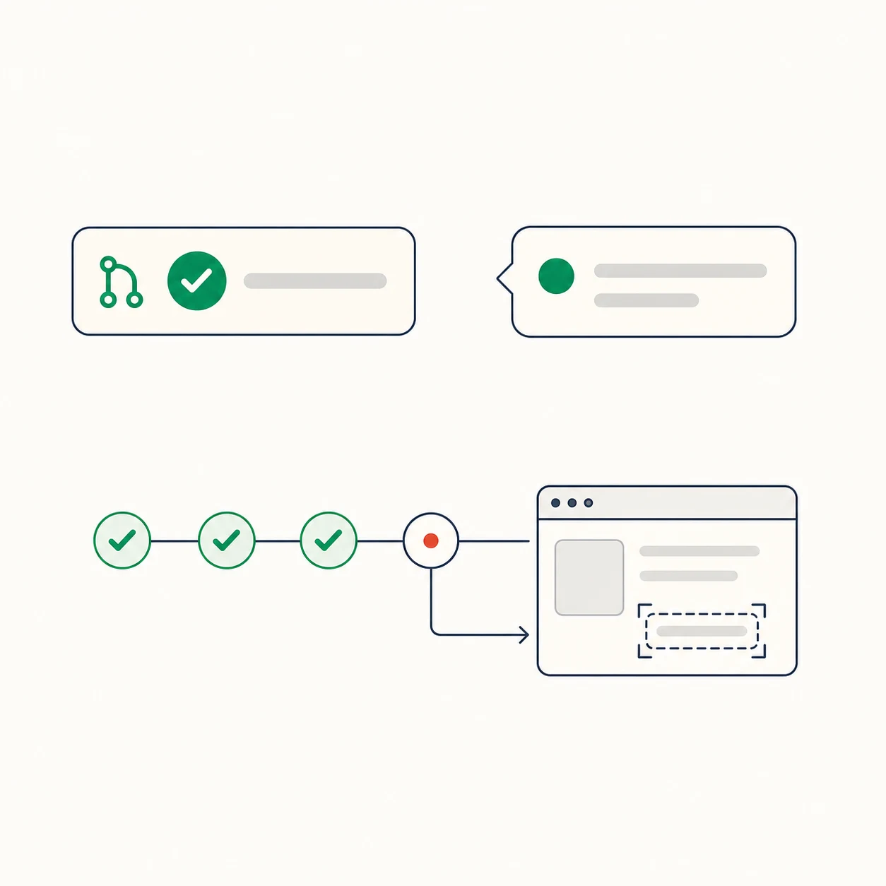 Flat illustration of a GitHub deploy check beside a Slack alert and a report marking the exact failed step.