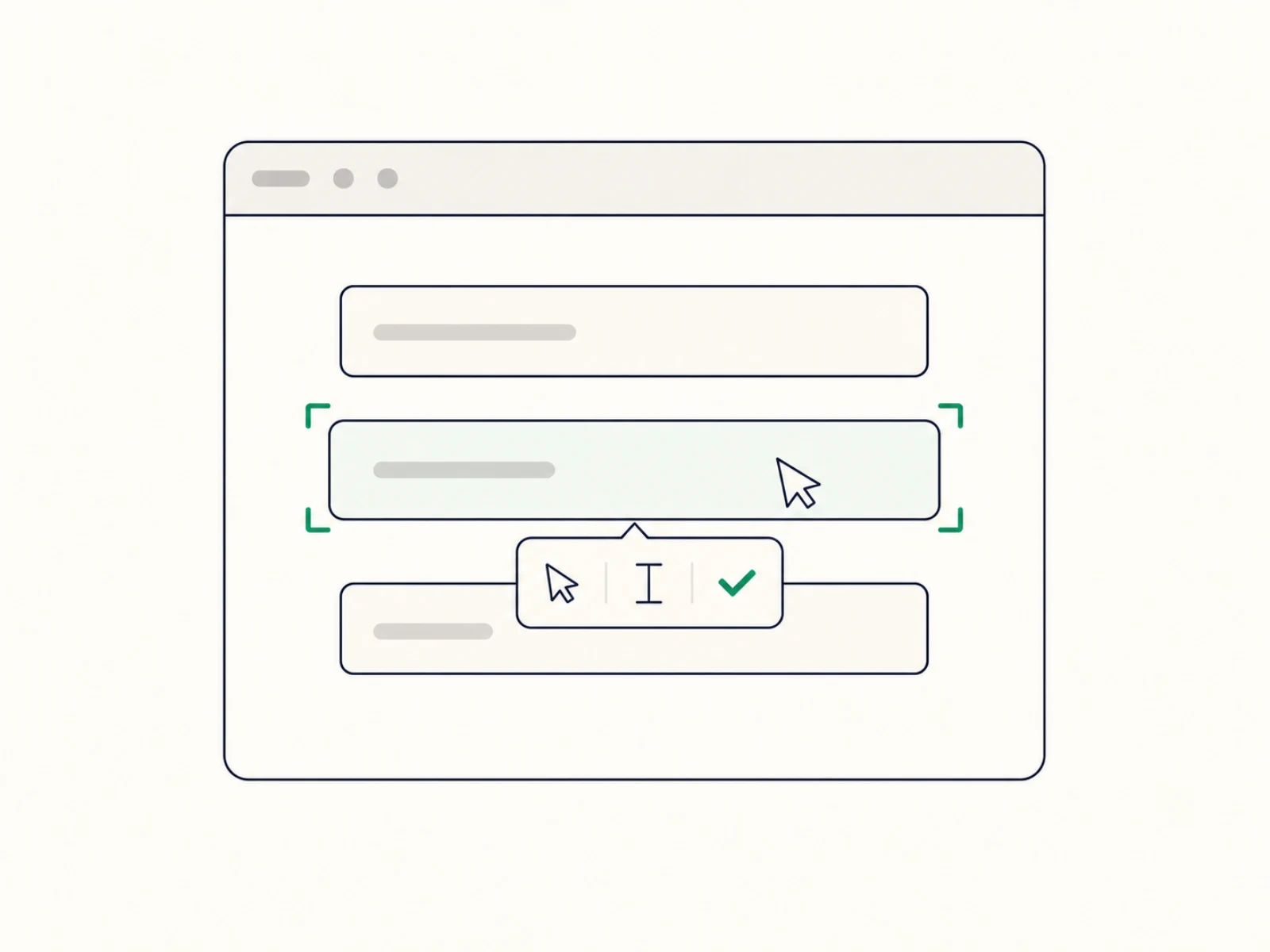 Flat illustration of the no-code test builder: a checkout form with one field framed by a target reticle and a cursor choosing an action.